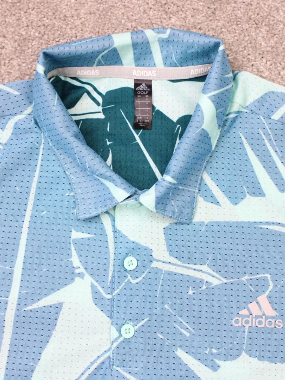 Adidas Golf Polo Shirt Mens Large Blue Palm Leaf Mesh Reverse Print Short Sleeve